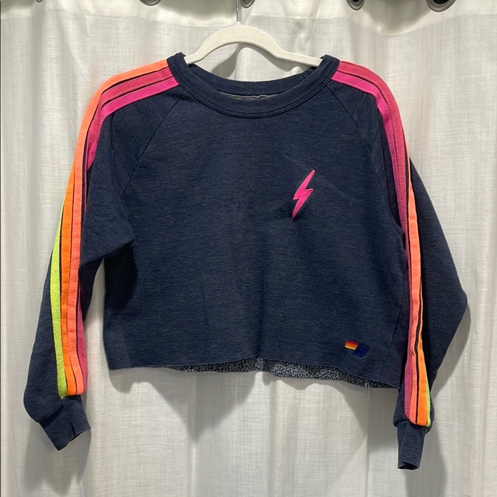Women’s Navy Cropped Sweatshirt with Neon Stripe Accents